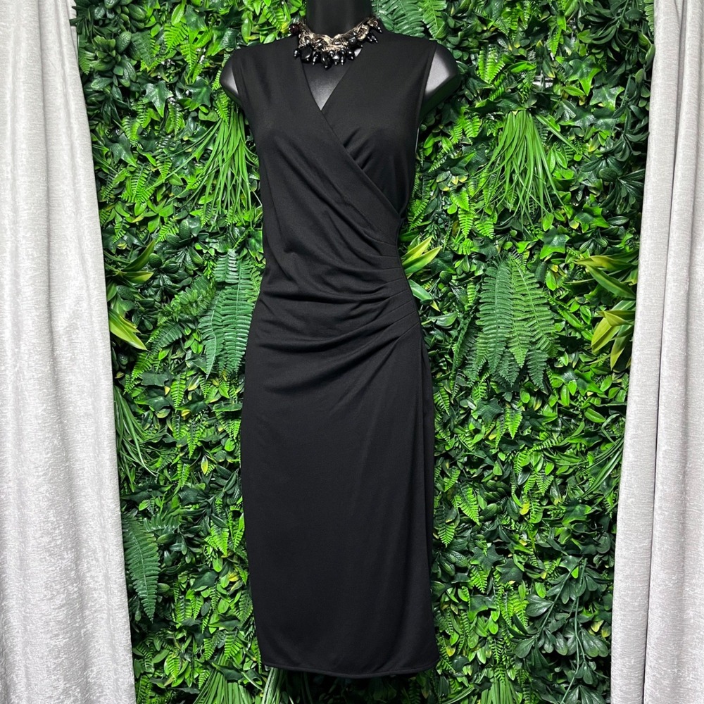 Ralph Lauren Dress Medium Black Sleeveless Ruched Faux Wrap Sheath 4150 NEW